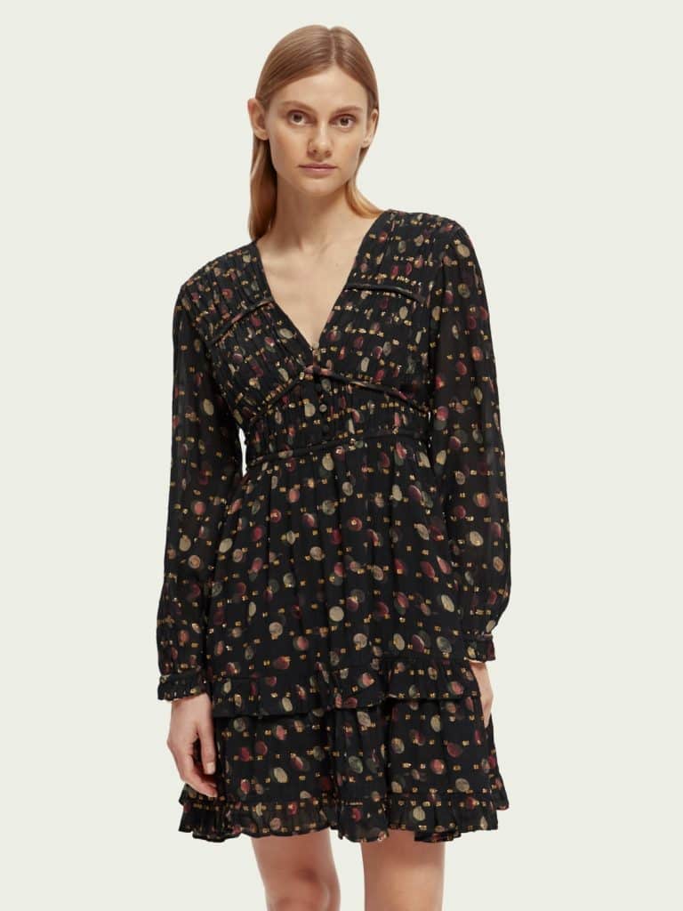 Scotch & Soda 169398 :  Ruffled long sleeved jacquard mini dress - Planets