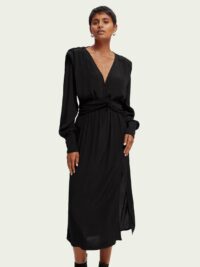 Scotch & Soda 170956 :  Long-sleeved belted V-neck midi dress Black