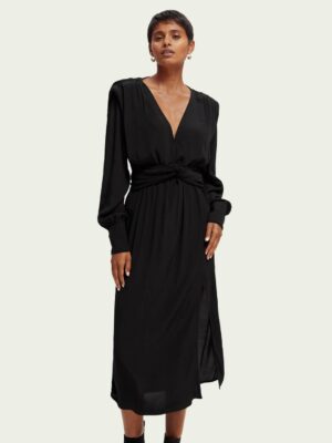 Scotch & Soda 170956 :  Long-sleeved belted V-neck midi dress Black