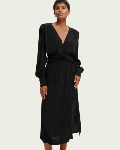 Scotch & Soda 170956 :  Long-sleeved belted V-neck midi dress Black