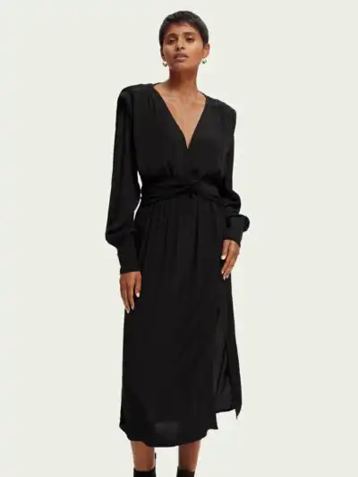 Scotch & Soda 170956 : Long-sleeved belted V-neck midi dress Black