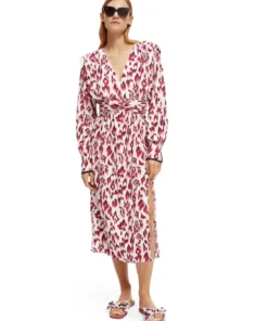 Scotch & Soda 170956 :  Long-sleeved belted V-neck midi dress, Brushed Ikat cherry