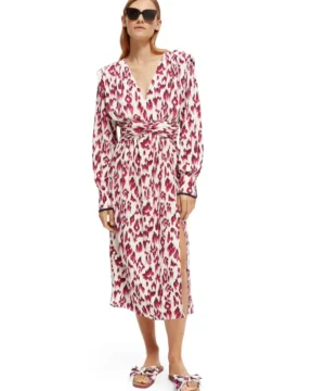 Scotch & Soda 170956 :  Long-sleeved belted V-neck midi dress, Brushed Ikat cherry