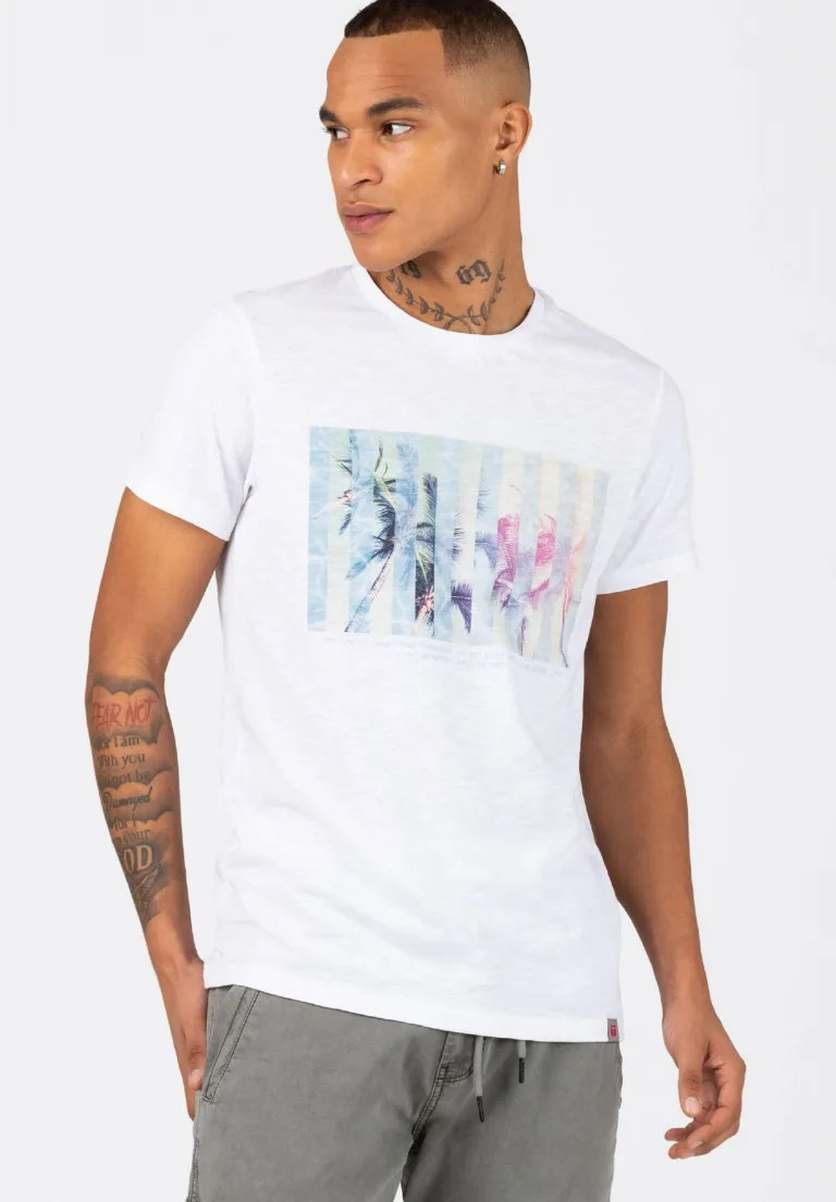 Timezone : Striped palm t-shirt print, White