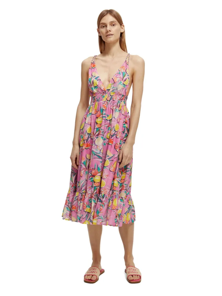 Scotch & Soda 172819 :  Smocked midi strap dress, Citrus Orchid - Image 3