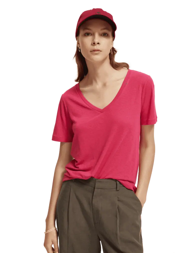 Scotch & Soda 173275: Embroidered V-neck T-shirt, Pop pink