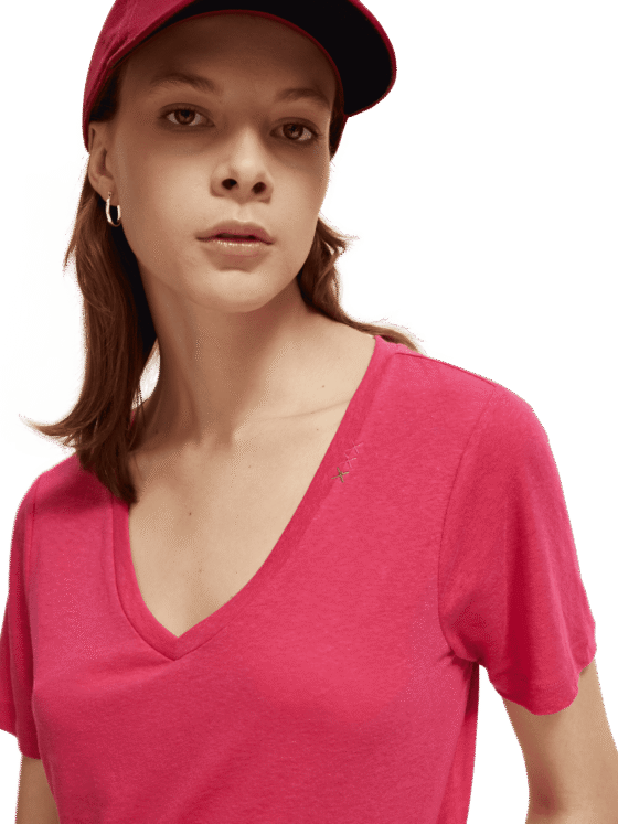Scotch & Soda 173275: Embroidered V-neck T-shirt, Pop pink - Image 2