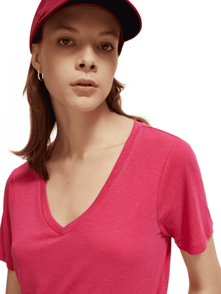 Scotch & Soda 173275: Embroidered V-neck T-shirt, Pop pink - Image 2