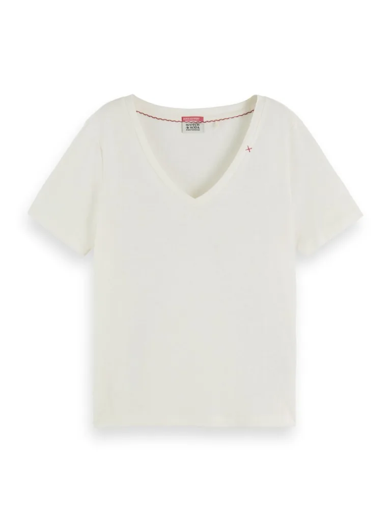 Scotch & Soda 173275: Embroidered V-neck T-shirt, Off white - Image 2
