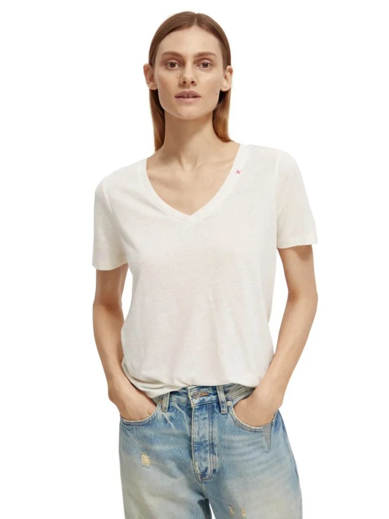 Scotch & Soda 173275: Embroidered V-neck T-shirt, Off white