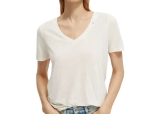 Scotch & Soda 173275: Embroidered V-neck T-shirt, Off white