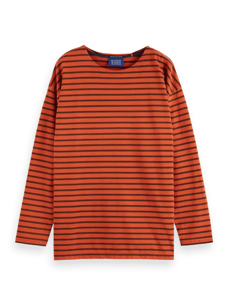 Scotch & Soda 180878 Denim Washed Long Sleeve Breton Tee, Overdyed Stripes - Image 3