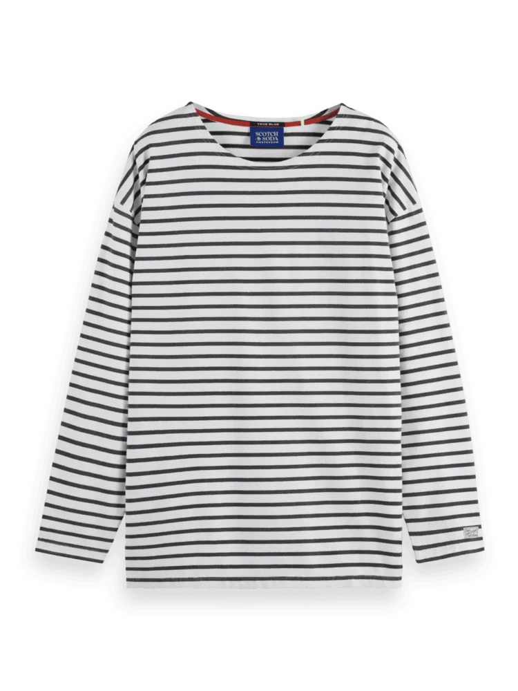 Scotch & Soda 180878 Denim Washed Long Sleeve Breton Tee, Blue white Stripe - Image 4