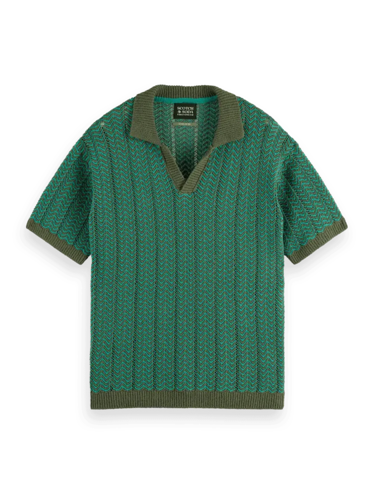 Scotch & Soda Open structured Knitted V-Neck polo, Thyme - Image 6