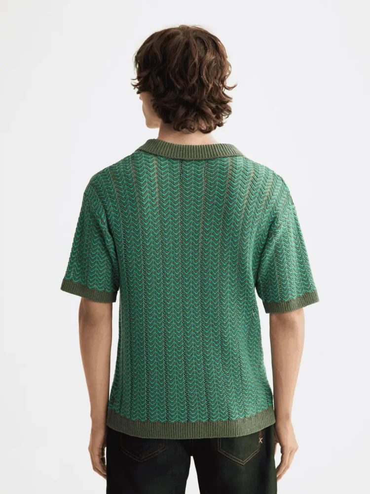 Scotch & Soda Open structured Knitted V-Neck polo, Thyme - Image 3
