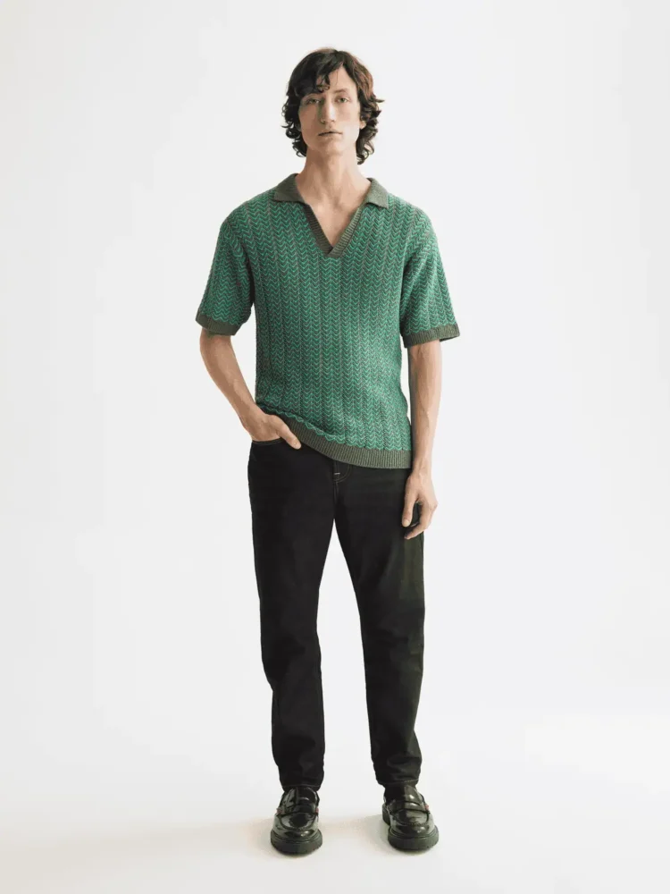Scotch & Soda Open structured Knitted V-Neck polo, Thyme - Image 2