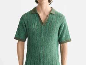 Scotch & Soda Open structured Knitted V-Neck polo, Thyme