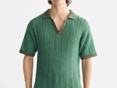 Scotch & Soda Open structured Knitted V-Neck polo, Thyme