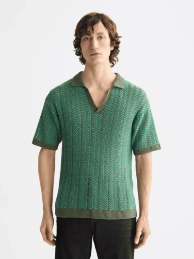 Scotch & Soda Open structured Knitted V-Neck polo, Thyme