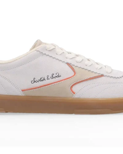 Scotch & Soda   Slim Suede Leather Low Top Trainers , White/Orange