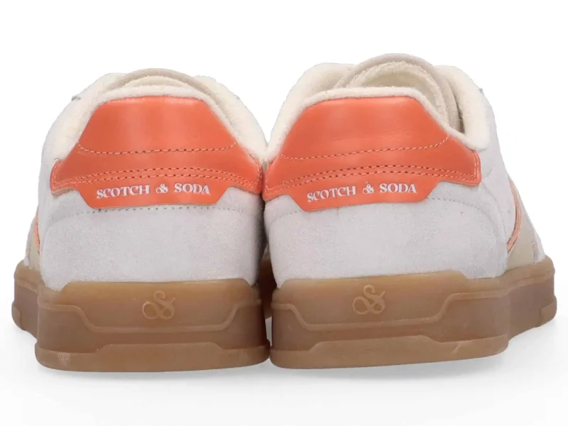 Scotch & Soda   Slim Suede Leather Low Top Trainers , White/Orange - Image 4