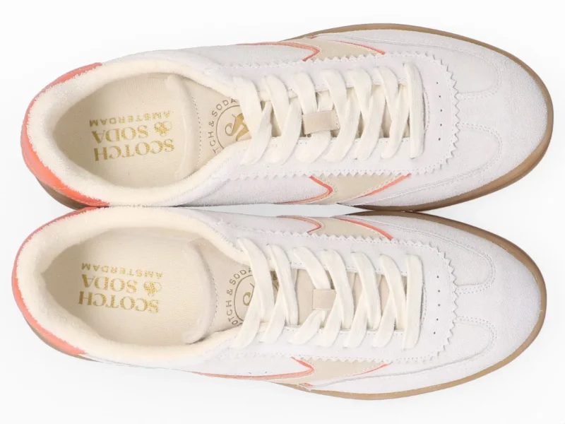 Scotch & Soda   Slim Suede Leather Low Top Trainers , White/Orange - Image 5