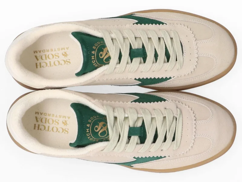 Scotch & Soda Slim Suede Leather Low Top Trainers , Beige/Green - Image 5