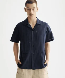 Scotch & Soda 181588, Structured-stripe short-sleeved shirt, Sky Captain