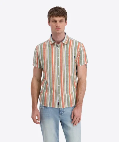 Timezone Cotton Linen Blend Short Sleeve Shirt, Multi Stripe