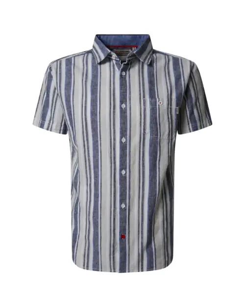 Timezone Cotton/Linen Blend Short Sleeve Shirt Blue Multi Stripe