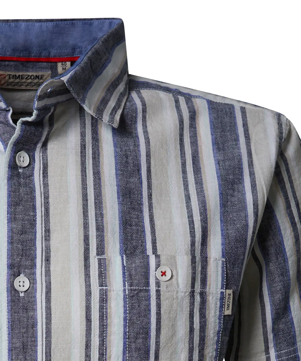 Timezone Cotton/Linen Blend Short Sleeve Shirt Blue Multi Stripe - Image 2